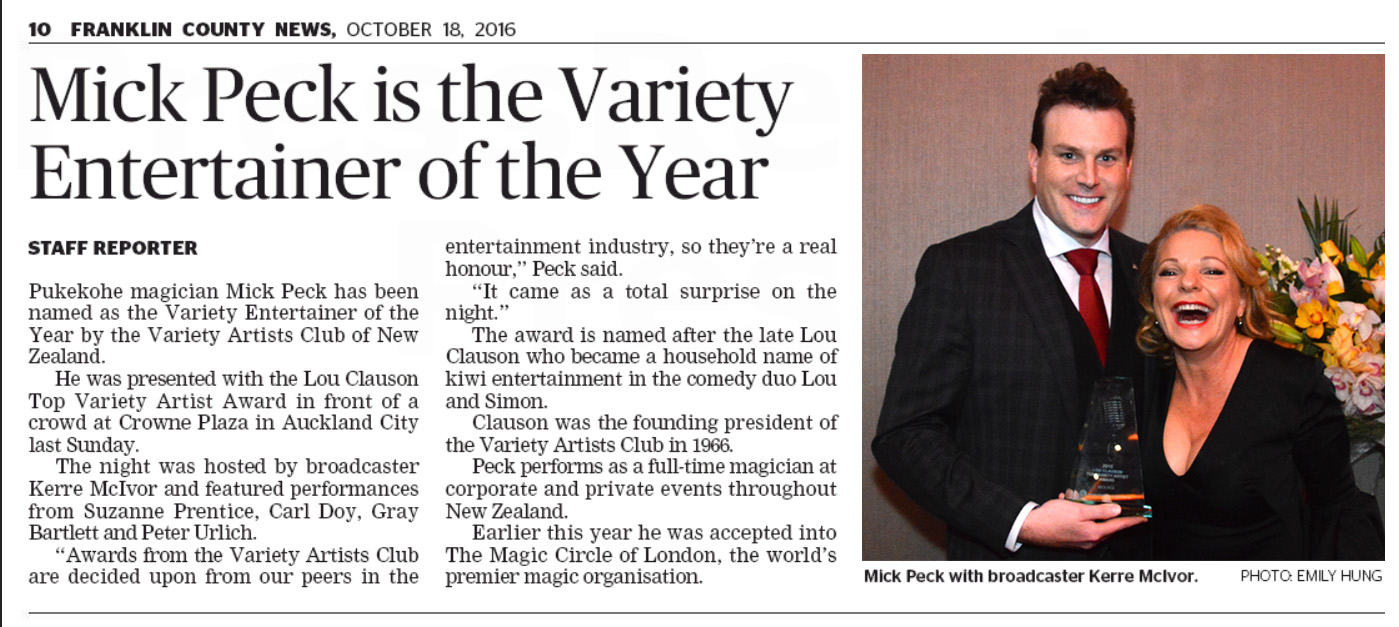 Press article of New Zealand magician Mick Peck named New Zealand Variety Entertainer of the Year by the Variety Artists Club of New Zealand Incorporated.